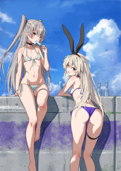 Rule 34 | 2girls, amatsukaze (kancolle), aqua bikini, ass, bare arms, bare legs, bare shoulders, barefoot, bikini, blonde hair, blue bikini, blue sky, blush, breasts, brown eyes, collarbone, commentary request, day, food, grey eyes, grey hair, hair between eyes, highres, holding, holding food, kantai collection, long hair, multiple girls, open mouth, outdoors, popsicle, ramune, shimakaze (kancolle), sky, small breasts, swimsuit, takanashi kei (hitsujikan)