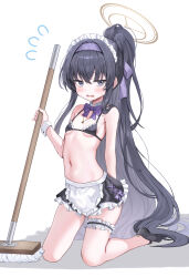 Rule 34 | 1girl, alternate costume, apron, bare shoulders, bikini, black bikini, black footwear, black hair, blue archive, blush, bow, breasts, detached collar, enmaided, frilled apron, frilled bikini, frills, full body, hair between eyes, halo, highres, holding, kneeling, kubong, long hair, looking at viewer, maid, maid apron, maid bikini, maid headdress, navel, open mouth, ponytail, ribbon, simple background, skirt, small breasts, solo, stomach, swimsuit, ui (blue archive), unconventional maid, very long hair, waist apron, white apron, white background