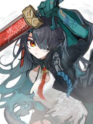 Rule 34 | 1girl, arknights, black collar, black hair, black jacket, breasts, cleavage, cleavage cutout, clothing cutout, collar, cowboy shot, dragon girl, dragon horns, dragon tail, dress, dusk (arknights), earrings, green hair, hair over one eye, highres, holding, holding sword, holding weapon, horns, jacket, jewelry, long hair, long sleeves, looking at viewer, medium breasts, multicolored hair, necktie, photoshop (medium), pointy ears, red eyes, red necktie, simple background, sketch, solo, soramaru 310, streaked hair, sword, tail, tassel, tassel earrings, very long hair, weapon, white background, white dress