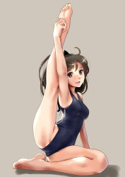 Rule 34 | 1girl, armpits, barefoot, blush, brown eyes, brown hair, competition swimsuit, feet, flexible, full body, hands on feet, holding with feet, katahira masashi, leg up, long hair, looking at viewer, one-piece swimsuit, open mouth, original, plantar flexion, ponytail, simple background, smile, soles, solo, stretching, swimsuit, toes
