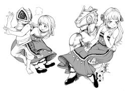 Rule 34 | 1boy, 1girl, absurdres, age comparison, carrying, child, commentary, english commentary, flat chest, flower, fumetsu no anata e, greyscale, gugu (fumetsu no anata e), hatching (texture), helmet, highres, holding, holding flower, ink (medium), mixed media, monochrome, open mouth, princess carry, ravenhart, rean cropp, signature, smile, sweatdrop, traditional media