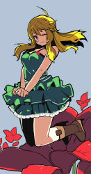 Rule 34 | 1girl, absurdres, ahoge, bare arms, blonde hair, boots, bow, commentary request, dress, floral background, flower, green dress, green eyes, hair between eyes, halterneck, high heel boots, high heels, highres, hoshii miki, idolmaster, idolmaster (classic), kurumitsu, long hair, looking at viewer, one eye closed, red bow, red flower, smile, solo, v arms