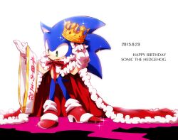 Rule 34 | 1boy, animal ears, animal nose, blue fur, cape, commentary request, crown, dated, english text, full body, fur-trimmed cape, fur trim, furry, furry male, gem, gloves, green eyes, hands up, happy birthday, hedgehog, hedgehog ears, hedgehog tail, looking down, male focus, neck ribbon, open mouth, purple gemstone, red cape, red footwear, red gemstone, red ribbon, ribbon, sash, shoes, simple background, smile, sneakers, socks, solo, sonic (series), sonic the hedgehog, sparkle, standing, t akiko, tail, white background, white gloves, white socks