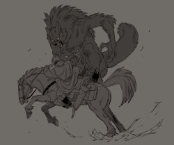 Rule 34 | 1boy, animal, arm grab, arrow (projectile), attack, bag, blank eyes, boots, bow (weapon), colored sclera, facing away, falling, fur hat, furry, furry male, greyscale, hat, hat feather, holding, holding another&#039;s arm, holding reins, horse, horseback riding, kenkon no washi, li sakura, long sleeves, male focus, monochrome, open mouth, pants, pants tucked in, reins, riding, robe, saddle, sash, weapon, werewolf, wolf, yellow sclera