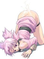 Rule 34 | 1girl, ass, bottomless, cum, cum in pussy, cum on ass, cum on body, cum on lower body, cumdrip, female focus, forehead protector, naruto, naruto (series), no panties, pink eyes, pink hair, quad tails, simple background, solo, tasaka shinnosuke, temari (naruto), top-down bottom-up, white background