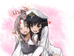 Rule 34 | 10s, 2girls, :d, black hair, blush, brown eyes, brown hair, fang, female admiral (kancolle), grabbing, grabbing from behind, headband, holding another&#039;s wrist, japanese clothes, kantai collection, long hair, military, military uniform, multiple girls, muneate, naval uniform, one eye closed, open mouth, personification, ponytail, smile, tears, uniform, wink, yuki (nanao yuki), yuri, zuihou (kancolle)