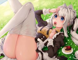 Rule 34 | 1girl, :o, alternate costume, apron, arno (ft3014), artist name, ass, bad id, bad pixiv id, black ribbon, black skirt, blue eyes, breasts, bustier, buttons, cake, cake slice, clothes pull, commentary request, day, dress, dress shirt, eating, enmaided, fate/grand order, fate (series), flower, food, frilled apron, frills, grass, hair between eyes, hair ribbon, highres, holding, holding food, juliet sleeves, legs up, long hair, long sleeves, looking at viewer, lying, maid, maid apron, maid headdress, marie antoinette (animejapan 2016) (fate), marie antoinette (fate), medium skirt, neck ribbon, official alternate costume, on back, open mouth, outdoors, pantyhose, pantyhose pull, pastry, plant, plate, puffy short sleeves, puffy sleeves, revision, ribbon, shirt, short sleeves, sidelocks, signature, silver hair, skirt, solo, thighs, very long hair, waist apron, white apron, white footwear, white pantyhose, yellow shirt