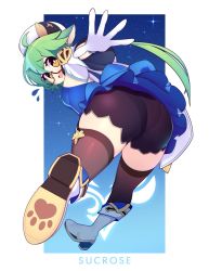 Rule 34 | 1girl, animal ears, beret, black thighhighs, blue dress, blush, boots, breasts, cat ears, dress, fizintine, genshin impact, glasses, gloves, gold trim, green hair, hat, high heel boots, high heels, highres, long hair, long sleeves, looking at viewer, looking back, multicolored hair, open mouth, orange eyes, outstretched arm, outstretched hand, pantylines, paw print, ponytail, semi-rimless eyewear, solo, sucrose (genshin impact), thighhighs