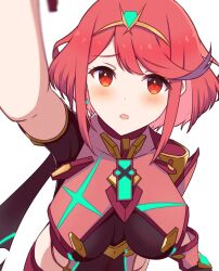 Rule 34 | 1girl, absurdres, blush, breasts, commentary, headpat, highres, incoming headpat, large breasts, looking at viewer, open mouth, pov, pyra (xenoblade), reason3 s, red eyes, red hair, short hair, simple background, tiara, upper body, white background, xenoblade chronicles (series), xenoblade chronicles 2