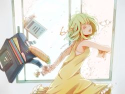 Rule 34 | 1girl, bag, bare shoulders, blush, cellphone, cherry blossoms, closed eyes, female focus, glasses, green hair, gumi, letter, love letter, open mouth, petals, phone, running, school bag, short hair, solo, tears, vocaloid, window, zuoweisaib