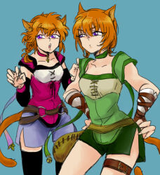 2girls animal_ears bell belt blue_background braid brown_belt cat_ears cat_girl cat_tail choker fire_emblem fire_emblem:_path_of_radiance fire_emblem:_radiant_dawn green_choker green_shorts hands_on_own_hips highres laguz_(fire_emblem) lethe_(fire_emblem) lyre_(fire_emblem) multiple_girls nintendo o-ring o-ring_belt orange_hair orange_tail purple_eyes shorts siblings side_slit side_slit_shorts simple_background sisters suigetu0708 tail twins wrist_wrap