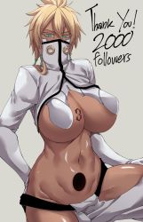 Rule 34 | 1girl, arrancar, bleach, blonde hair, breast tattoo, breasts, collared jacket, colored eyelashes, covered erect nipples, covered mouth, cowboy shot, dark-skinned female, dark skin, english text, female focus, gloves, green eyes, grey background, groin, hair between eyes, half-closed eyes, high collar, highres, hip vent, huge breasts, jacket, long hair, long sleeves, looking at viewer, lowleg, midriff, milestone celebration, navel, number tattoo, pants, partially unzipped, scales, shiny skin, simple background, solo, stomach, tattoo, thank you, tier harribel, yugo (yugotme97), zipper