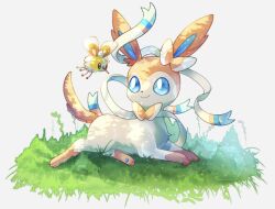 Rule 34 | animal focus, blue eyes, bright pupils, bug, closed mouth, commentary request, creatures (company), cutiefly, game freak, gen 6 pokemon, gen 7 pokemon, highres, nintendo, no humans, on grass, pokemon, pokemon (creature), simple background, sitting, smile, sylveon, tail, tapi bird25, white background, white fur, white pupils