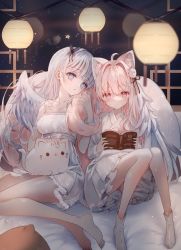 Rule 34 | 2girls, ahoge, animal, animal ear fluff, animal ears, barefoot, bed sheet, blue eyes, book, boots, breasts, cat, cleavage, closed mouth, commentary, dress, feathered wings, hair between eyes, hair intakes, highres, holding, holding book, japanese clothes, kimono, lantern, medium breasts, multiple girls, open book, original, paper lantern, parted lips, pillow, pink hair, pleated dress, red eyes, silver hair, smile, strapless, strapless dress, symbol-only commentary, tail, tandohark, white dress, white footwear, white kimono, white wings, wings