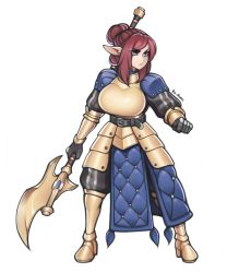Rule 34 | 1girl, absurdres, armor, armored boots, armored dress, belt, boobplate, boots, breastplate, breasts, clenched hand, commission, faulds, frown, full body, glaive (polearm), gloves, gold armor, grey eyes, hair bun, highres, holding, holding weapon, large breasts, legs apart, looking away, medium hair, original, padded armor, pelvic curtain, pointy ears, polearm, red hair, roadi3, simple background, single hair bun, solo, standing, vambraces, weapon, white background