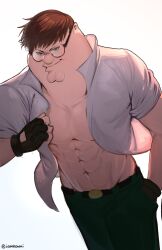 Rule 34 | 1boy, abs, absurdres, black gloves, brown hair, cleft chin, closed mouth, collared shirt, family guy, fingerless gloves, glasses, gloves, green eyes, green pants, highres, kowai (iamkowai), male focus, muscular, muscular male, pants, peter griffin, popped collar, shirt, short hair, smile, solo, unbuttoned, unbuttoned shirt, very short hair, white background, white shirt