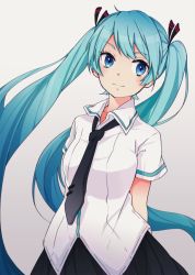 Rule 34 | 1girl, aqua hair, arms behind back, black necktie, black skirt, blouse, blue eyes, breasts, hatsune miku, highres, kinokomeshi, long hair, looking to the side, necktie, pleated skirt, shirt, short sleeves, skirt, small breasts, solo, twintails, very long hair, vocaloid, white shirt