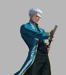 Rule 34 | 1boy, black pants, blue coat, blue eyes, closed mouth, coat, devil may cry (series), devil may cry 3, fingerless gloves, frown, gloves, green gloves, grey background, holding, holding sword, holding weapon, katana, lp947131491, male focus, pants, scabbard, sheath, simple background, solo, standing, sword, turtleneck, unsheathing, vergil (devil may cry), weapon, white hair