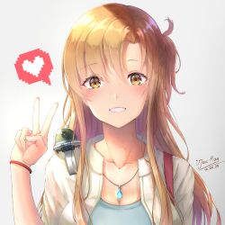 Rule 34 | 1girl, artist name, asuna (sao), blush, breasts, brown eyes, brown hair, camera, collarbone, commentary request, dated, grey background, heart, highres, ijac ray, jacket, jewelry, long hair, looking at viewer, medium breasts, necklace, on shoulder, parted lips, pixel heart, simple background, smile, solo, sword art online, teeth, thighhighs, upper body, v, white jacket