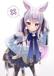 Rule 34 | 1girl, anger vein, animal ears, black pantyhose, blue bow, blue bowtie, blue skirt, blue sleeves, blush, bow, bowtie, collared shirt, detached sleeves, frilled sleeves, frills, gradient hair, grey hair, hands on own hips, highres, leaning forward, light purple hair, long hair, long sleeves, looking at viewer, multicolored hair, pantyhose, rabbit brooch, rabbit ears, red eyes, shirt, skirt, sleeveless, sleeveless shirt, spoken anger vein, thick eyebrows, tosaki mimi, twintails, virtual youtuber, vspo!, yukijirushi e
