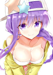 Rule 34 | 1girl, absurdres, backwards hat, bare shoulders, baseball cap, bb (fate), bb (fate) (all), bb (swimsuit mooncancer) (fate), bb (swimsuit mooncancer) (first ascension) (fate), bikini, bikini top only, blush, braid, breasts, cleavage, closed mouth, collarbone, commentary request, fate/grand order, fate (series), front-tie top, hair between eyes, hat, head tilt, highres, jacket, large breasts, leaning forward, long hair, looking at viewer, nanakusa amane, off shoulder, pleated skirt, purple eyes, purple hair, simple background, single braid, skirt, smile, solo, star (symbol), swimsuit, v arms, very long hair, white background, white bikini, white hat, yellow jacket, yellow skirt