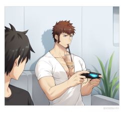 Rule 34 | 00047, 1boy, beard, between pectorals, blue eyes, brown hair, bubble tea, bubble tea challenge, commentary, controller, cup, drinking straw, facial hair, fate/grand order, fate (series), fujimaru ritsuka (male), joystick, large pectorals, long sideburns, looking at another, looking to the side, male focus, napoleon bonaparte (fate), object on pectorals, open clothes, open mouth, pectorals, scar, sideburns, sitting, solo focus
