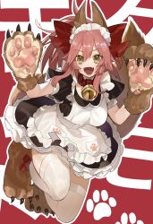 Rule 34 | 1girl, :d, @ @, animal collar, animal ear fluff, animal ears, animal feet, animal hands, apron, bell, bow, breasts, claws, collar, commentary, crazy eyes, eyelashes, fang, fate/grand order, fate (series), fox ears, fox girl, fox tail, hair between eyes, hair bow, highres, hino hinako, jingle bell, large breasts, long hair, looking at viewer, maid apron, maid headdress, neck bell, open mouth, paw print, ponytail, red bow, red collar, short sleeves, sidelocks, smile, solo, symbol-only commentary, tail, tamamo (fate), tamamo cat (fate), tamamo cat (second ascension) (fate), teeth, thighhighs, tongue, white thighhighs, yellow eyes, zettai ryouiki