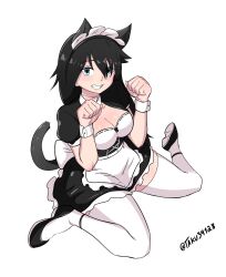Rule 34 | 1girl, animal ears, apron, artist name, black dress, black footwear, black hair, blue eyes, breasts, cat ears, cat girl, cat tail, choker, cleavage, commission, dress, female focus, full body, hair between eyes, heart, heart choker, highres, large breasts, long hair, looking at viewer, maid apron, maid headdress, original, paw pose, pink choker, puffy short sleeves, puffy sleeves, short sleeves, simple background, sitting, smile, solo, tail, taku34128, teeth, thighhighs, thighs, twitter username, wariza, white background, white thighhighs, wrist cuffs