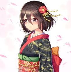Rule 34 | 1girl, black hair, blush, bob cut, brown eyes, cherry blossoms, closed mouth, floral print, flower, hair between eyes, hair flower, hair ornament, hair strand, highres, inaba himeko, japanese clothes, kensei (ciid), kimono, kokoro connect, light smile, looking at viewer, looking to the side, obi, obiage, obijime, petals, pink background, red flower, sash, short hair, solo, upper body, wind