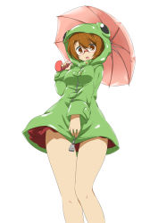 Rule 34 | 1girl, breasts, brown eyes, brown hair, covering privates, covering crotch, dodome-iro mayonnaise, frog raincoat, from below, glasses, holding, open mouth, original, raincoat, simple background, solo, umbrella, white background, zipper
