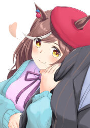 Rule 34 | 1boy, 1girl, animal ears, arm hug, blush, breasts, brown hair, casual, closed mouth, commentary request, hair ornament, hat, heart, highres, horse ears, looking at viewer, matikane tannhauser (umamusume), medium breasts, medium hair, piett, pov, simple background, smile, solo focus, umamusume, white background, yellow eyes