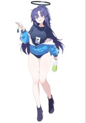 Rule 34 | 1girl, black shirt, blue archive, blue buruma, blue jacket, bottle, buruma, full body, gym shirt, gym uniform, halo, highres, id card, jacket, jacket partially removed, mechanical halo, official alternate costume, partially unzipped, shirt, simple background, solo, star sticker, sticker on face, thick thighs, thighs, track jacket, water bottle, white background, yuuka (blue archive), yuuka (track) (blue archive), zhanzheng zi