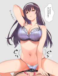 Rule 34 | 1boy, 1girl, a1 (initial-g), arm up, bare shoulders, black hair, breasts, cleavage, collarbone, girl on top, grey background, hair between eyes, hairband, half-closed eyes, hand on another&#039;s stomach, heavy breathing, kasumigaoka utaha, large breasts, lavender bra, lavender panties, long hair, looking at viewer, motion lines, navel, open mouth, red eyes, saenai heroine no sodatekata, simple background, sitting, sitting on person, solo focus, spread legs, sweat, thighs, translation request, underwear, underwear only, white hairband