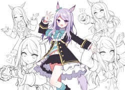 Rule 34 | 1girl, :d, animal ears, arm up, arms up, black jacket, black skirt, blue legwear, blush, clenched hand, commentary request, confetti, feet out of frame, frilled jacket, frilled sleeves, frills, heart, heart hands, horse ears, horse girl, horse tail, jacket, long sleeves, looking at viewer, mauve, mejiro mcqueen (umamusume), multiple views, navel, open mouth, outstretched arm, pleated skirt, purple eyes, purple hair, rabbit pose, shrugging, simple background, skirt, smile, socks, standing, standing on one leg, swept bangs, tail, umamusume, unfinished, white background