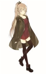 Rule 34 | 1girl, ankle boots, black footwear, black thighhighs, blonde hair, boots, brown eyes, coat, dress, leg up, long coat, long hair, long sleeves, looking at viewer, lpip, original, ponytail, red dress, simple background, solo, thighhighs, very long hair, white background, zettai ryouiki