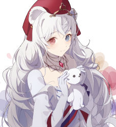 Rule 34 | 1girl, animal ears, arknights, bear ears, blue eyes, blush, closed mouth, dress, elbow gloves, gloves, hat, heterochromia, highres, holding, holding stuffed toy, jewelry, long hair, looking at viewer, necklace, official alternate costume, red eyes, red hat, rosa (arknights), rosa (masterpiece) (arknights), silver hair, simple background, smile, solo, stuffed animal, stuffed toy, tassel, teddy bear, upper body, very long hair, white background, white dress, white gloves, yiyizi