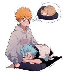 Rule 34 | 2boys, arm at side, black pants, bleach, blue hair, blush stickers, brown cat, brown eyes, casual, cat, clenched hand, closed eyes, closed mouth, commentary request, facial mark, full body, grey hoodie, grimmjow jaegerjaquez, hair between eyes, highres, hood, hood down, hoodie, kurosaki ichigo, lap pillow, long sleeves, looking at another, looking down, multiple boys, orange hair, pants, petting, puffy long sleeves, puffy sleeves, seiza, shirt, short hair, simple background, sitting, sleeves past wrists, sleeves rolled up, spiked hair, thought bubble, twitter username, v-shaped eyebrows, white background, white shirt, yanono 015