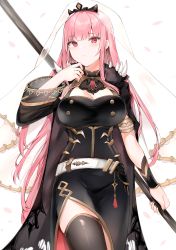 Rule 34 | 1girl, absurdres, armlet, armpit crease, belt, black cloak, black nails, blush, breasts, cleavage, cloak, closed mouth, fingernails, highres, holding, holding weapon, hololive, hololive english, huge filesize, long hair, mori calliope, nail polish, petals, pink eyes, pink hair, see-through, side slit, solo, thighhighs, torn cloak, torn clothes, veil, virtual youtuber, weapon, white belt, yukineko1018