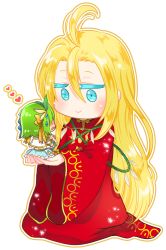 Rule 34 | 1boy, 1girl, ahat (ragnarok online), ahoge, arch bishop (ragnarok online), blonde hair, blue dress, blue eyes, blush, chibi, closed mouth, commentary request, dress, frilled dress, frilled sleeves, frills, full body, green hair, heart, highres, long hair, long sleeves, looking at another, love morocc, mini person, minigirl, official alternate costume, ragnarok online, red robe, robe, simple background, smile, transparent background, two-tone dress, white dress, wide sleeves