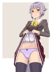 Rule 34 | 1girl, absurdres, black thighhighs, blouse, blush, bow, bow panties, bowtie, brown eyes, brown skirt, closed mouth, clothes lift, collared shirt, commentary, cowboy shot, crotch seam, frilled skirt, frills, gluteal fold, grey hair, grey shirt, hair flaps, hair ornament, highres, idolmaster, idolmaster cinderella girls, idolmaster cinderella girls starlight stage, k-ya., koshimizu sachiko, lace, lace-trimmed panties, lace trim, lifting own clothes, looking at viewer, miniskirt, outside border, panties, purple panties, school uniform, shirt, short hair, simple background, skindentation, skirt, skirt lift, smile, solo, split mouth, standing, stomach, tearing up, thighhighs, underwear, white shirt, yellow bow, yellow bowtie