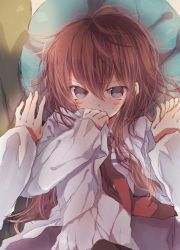 Rule 34 | 1girl, bad id, bad pixiv id, blue eyes, blush, brown hair, couch, grey eyes, hand to own mouth, holding hands, long hair, lying, makise kurisu, messy hair, miya (tsumazukanai), necktie, on back, pantyhose, pov, red necktie, scared, shirt, shy, solo, steins;gate, tears, very long hair, white shirt