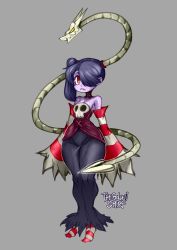 Rule 34 | 1girl, breasts, cleavage, closed mouth, colored skin, detached sleeves, hair over one eye, highres, leviathan (skullgirls), long skirt, long sleeves, looking at viewer, purple skin, red eyes, shirt, signature, skirt, skullgirls, sleeveless, sleeveless shirt, sleeves past fingers, sleeves past wrists, solo, squigly (skullgirls), standing, stitched mouth, stitches, striped clothes, striped thighhighs, the golden smurf, thick thighs, thighhighs, thighs, wide hips, zombie