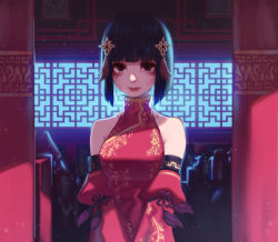 Rule 34 | 1girl, absurdres, arm garter, bare shoulders, black eyes, black hair, blunt bangs, breasts, china dress, chinese clothes, detached sleeves, doku-chan (dokkudokudoku), dress, hair ornament, highres, indoors, large breasts, long sleeves, looking at viewer, original, red dress, short hair, solo, v arms, window