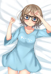 Rule 34 | 1girl, bad id, bad pixiv id, blouse, blue eyes, blue shirt, breasts, camisole, glasses, grey hair, hand on own head, highres, love live!, love live! sunshine!!, lying, medium breasts, mtr 333, on bed, open mouth, shirt, short hair, short sleeves, solo, watanabe you