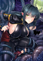 Rule 34 | 1girl, annerose vajra, black hair, bodysuit, breasts, covered erect nipples, cropped jacket, full body, hassen (8cm), highres, koutetsu no majo annerose, koutetsu no majo anneroze, large breasts, sideboob, yellow eyes