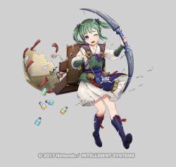 1girl arrow_(projectile) backpack bag boots bow_(weapon) bridal_gauntlets broken_arrow copyright_notice dress fire_emblem fire_emblem_fates fire_emblem_heroes full_body glass_bottle green_hair grey_background hat holding holding_bow_(weapon) holding_weapon japanese_clothes kimono long_hair long_sleeves midori_(fire_emblem) mikurou_(nayuta) nintendo official_art one_eye_closed open_mouth purple_eyes simple_background solo torn_clothes twintails weapon