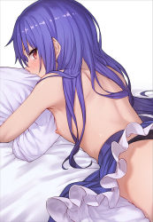 Rule 34 | 1girl, ass, bare arms, bed, bed sheet, black panties, blue hair, blue skirt, blush, breasts, commentary request, cowboy shot, cushion, frills, from behind, hinanawi tenshi, ibuki notsu, long hair, looking at viewer, looking back, lying, nipples, hugging object, on bed, on stomach, panties, red eyes, simple background, skirt, small breasts, solo, thighs, topless, touhou, underwear, upper body
