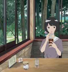 Rule 34 | 1girl, ame (amemgmgmg), black hair, cup, day, desk, drinking, drinking glass, flower, forest, green eyes, grey shirt, highres, holding, holding cup, holding drinking glass, indoors, looking at viewer, nature, no smoking, original, parted lips, shirt, short hair, short sleeves, sitting, smile, solo, sugar bowl, window
