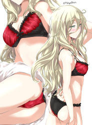 Rule 34 | 1girl, ass, bare arms, black panties, blonde hair, bra, breasts, cleavage, frilled bra, frilled panties, frills, green eyes, hair between eyes, half-closed eyes, head out of frame, highres, kantai collection, long hair, lying, medium breasts, mikage takashi, multiple views, panties, red bra, red panties, richelieu (kancolle), shirt, simple background, twitter username, underwear, underwear only, wavy hair, white background, white shirt