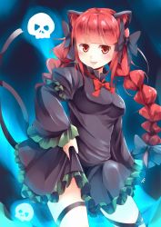 Rule 34 | 1girl, animal ears, aura, black dress, black ribbon, blue fire, blunt bangs, blush, bow, braid, breasts, cat ears, clothes lift, cowboy shot, dress, dress lift, fang, fire, flaming skull, floating skull, frilled sleeves, frills, from side, hair bow, highres, kaenbyou rin, kanzakietc, leg ribbon, long braid, long sleeves, looking at viewer, looking to the side, medium breasts, open mouth, red eyes, red hair, ribbon, sidelocks, smile, solo, thigh ribbon, touhou, twin braids